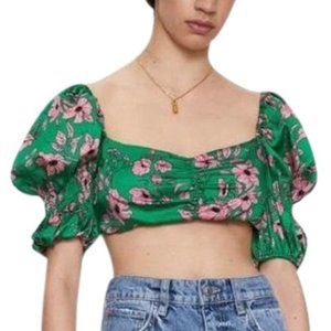 Zara Green Floral Crop Top Puff Shoulder